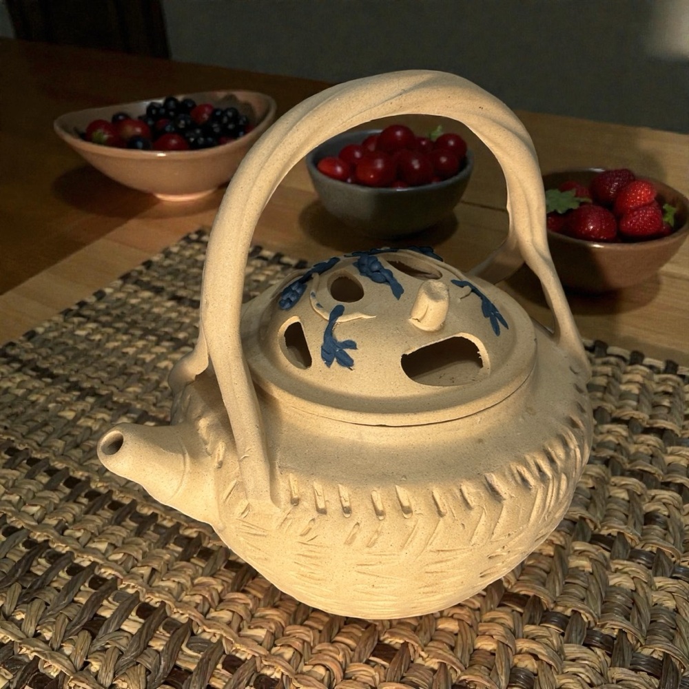 * Signed Yixing China Yisha Zisha Clay Teapot Lidded Yellow Beige Basket Design